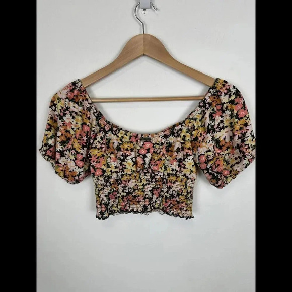 Billabong Cropped Sweatheart Neck Floral Puff Sleeve Top SIZE S - Picture 3 of 5